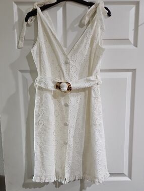 Topshop White Eyelet Tie-Shoulder Belted Mini Dress